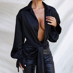 Stylish V-Neck Petal Sleeve Irregular Loose Shirt - LEPITON