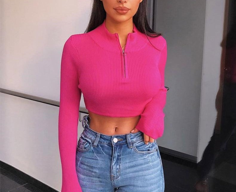 Neon Long Sleeve Zipper Crop Top - LEPITON