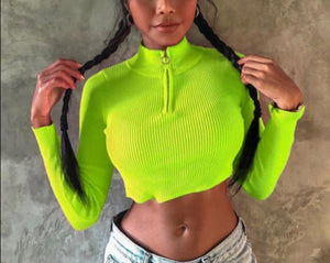 Neon Long Sleeve Zipper Crop Top - LEPITON