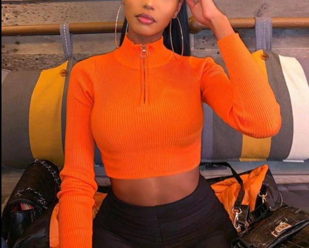 Neon Long Sleeve Zipper Crop Top - LEPITON