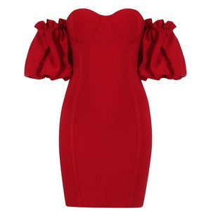 Red Puff Sleeves Off Shoulder Bandage Dress - LEPITON