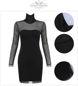 Turtleneck Lace Long Sleeve Bodycon Mini Dress - LEPITON