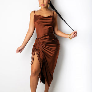 Satin Spaghetti Straps Backless Ruched Drawstring Dress - LEPITON