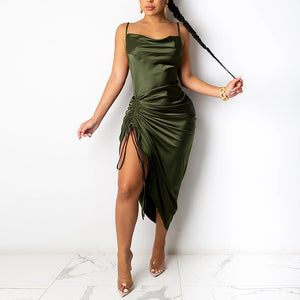 Satin Spaghetti Straps Backless Ruched Drawstring Dress - LEPITON