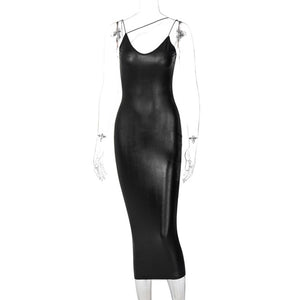 PU Leather Strap V-Neck Backless Bodycon Slit Midi Dress - LEPITON