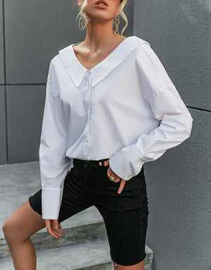 Long Sleeve V-Neck Backless Chain Blouse - LEPITON