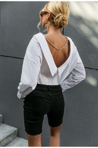 Long Sleeve V-Neck Backless Chain Blouse - LEPITON