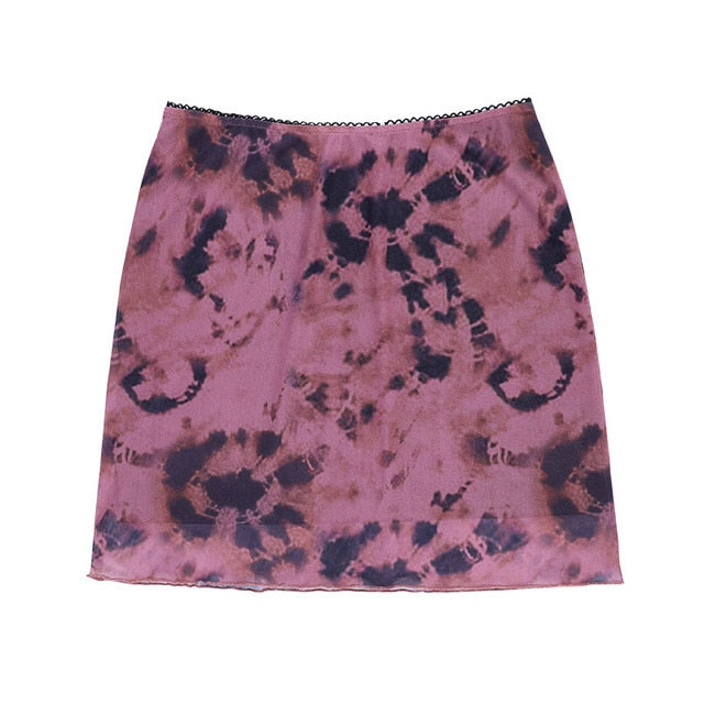 High-Waist Tie-Dye Double Layer Mesh Ruffles Mini Skirt - LEPITON