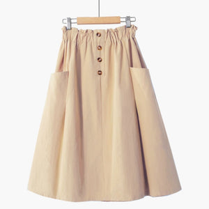 Casual Solid High-Waist A-Line Midi Skirts with Pockets - LEPITON