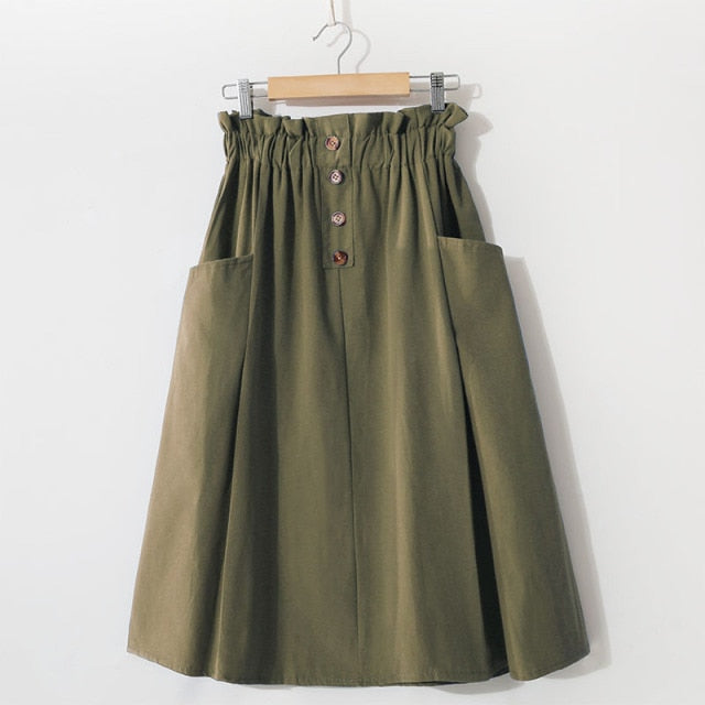 Casual Solid High-Waist A-Line Midi Skirts with Pockets - LEPITON
