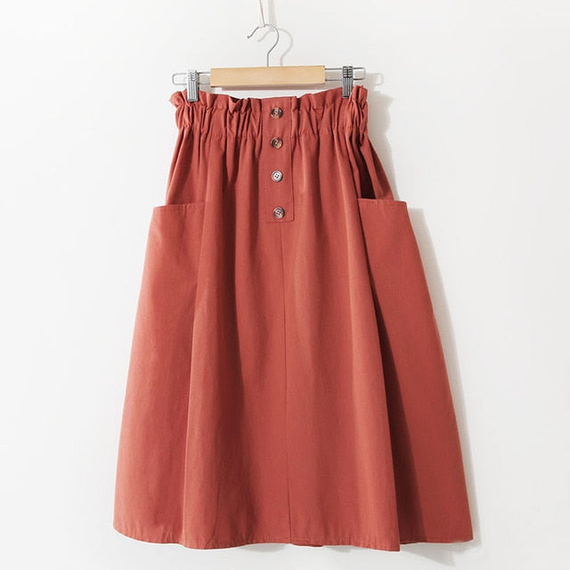 Casual Solid High-Waist A-Line Midi Skirts with Pockets - LEPITON