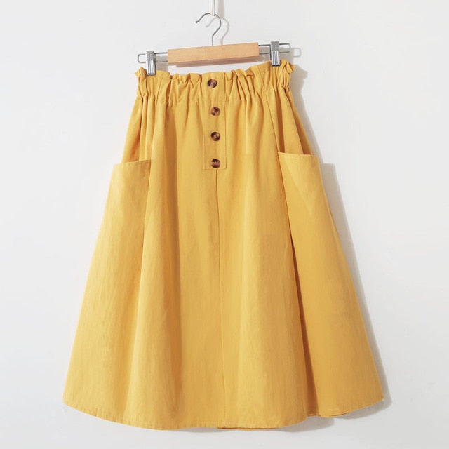 Casual Solid High-Waist A-Line Midi Skirts with Pockets - LEPITON