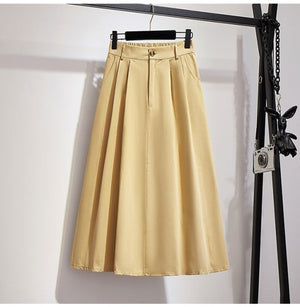 Elegant Solid Casual Pocket Elastic High-Waist A-Line Midi Skirt - LEPITON