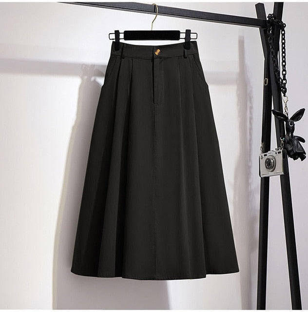 Elegant Solid Casual Pocket Elastic High-Waist A-Line Midi Skirt - LEPITON