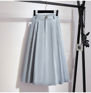 Elegant Solid Casual Pocket Elastic High-Waist A-Line Midi Skirt - LEPITON