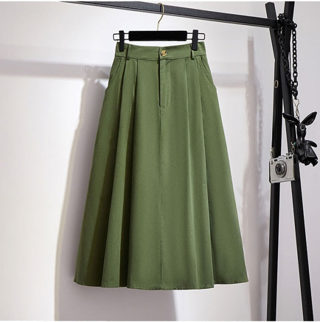 Elegant Solid Casual Pocket Elastic High-Waist A-Line Midi Skirt - LEPITON