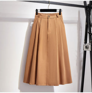 Elegant Solid Casual Pocket Elastic High-Waist A-Line Midi Skirt - LEPITON