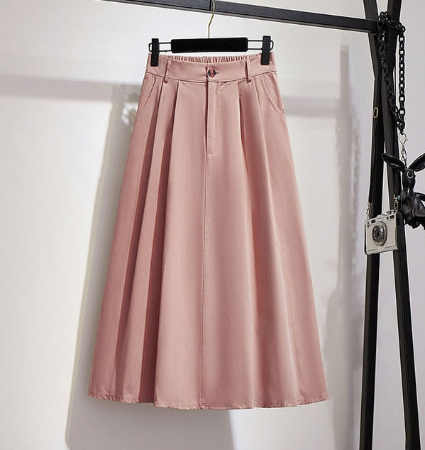 Elegant Solid Casual Pocket Elastic High-Waist A-Line Midi Skirt - LEPITON