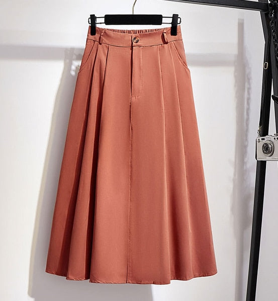 Elegant Solid Casual Pocket Elastic High-Waist A-Line Midi Skirt - LEPITON