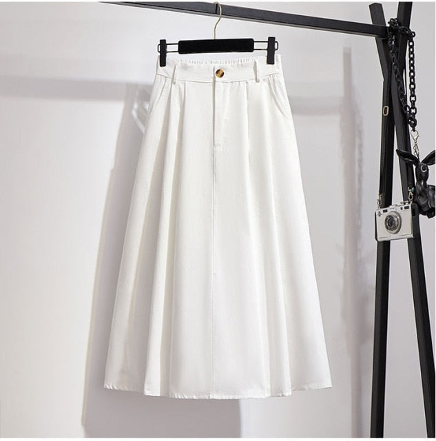 Elegant Solid Casual Pocket Elastic High-Waist A-Line Midi Skirt - LEPITON