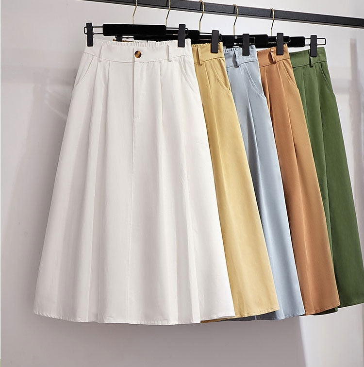 Elegant Solid Casual Pocket Elastic High-Waist A-Line Midi Skirt - LEPITON