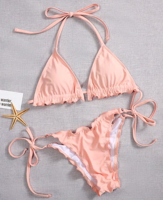 Pink Ruffled Frilled Halter String Bikini - LEPITON