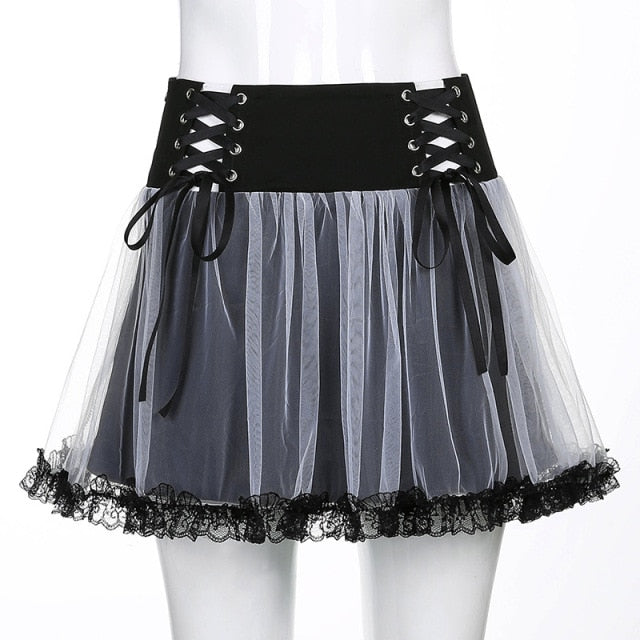 High-Waist Mesh Lace-Up Patchwork A-Line Mini Skirt - LEPITON