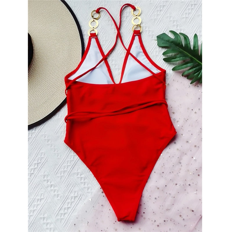 Red Classy V-Neck High-Leg Monokini - LEPITON