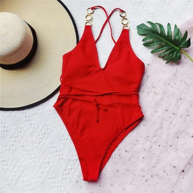 Red Classy V-Neck High-Leg Monokini - LEPITON