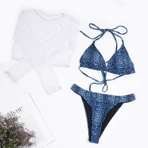 Mesh Long Sleeve Crop Top Three Piece Swimsuit - LEPITON