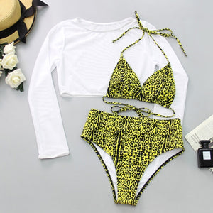 Mesh Long Sleeve Crop Top Three Piece Swimsuit - LEPITON