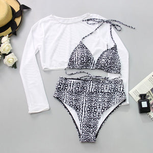 Mesh Long Sleeve Crop Top Three Piece Swimsuit - LEPITON