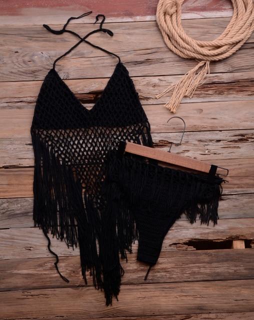 Black Halter Knitted Sleeveless Tassel Backless Swimsuit - LEPITON