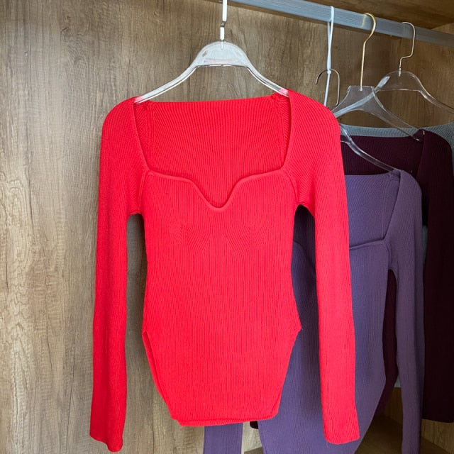 Square Collar Long Sleeve Knitted Pullover - LEPITON