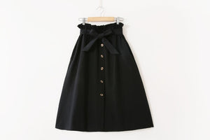 Solid Elegant High-Waist Single-Breasted Bow Lace-Up A-Line Midi Skirt - LEPITON