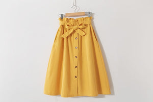 Solid Elegant High-Waist Single-Breasted Bow Lace-Up A-Line Midi Skirt - LEPITON