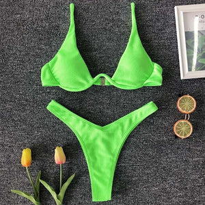 Neon Green Triangle Solid Bikini Set - LEPITON