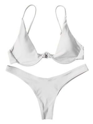 Stylish White Triangle Solid Bikini Set - LEPITON