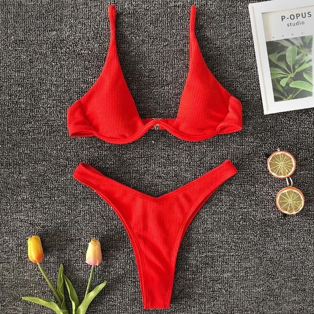 Orange Triangle Solid Bikini Set - LEPITON