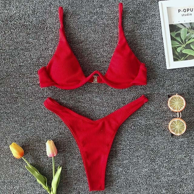Classy Red Triangle Solid Bikini Set - LEPITON