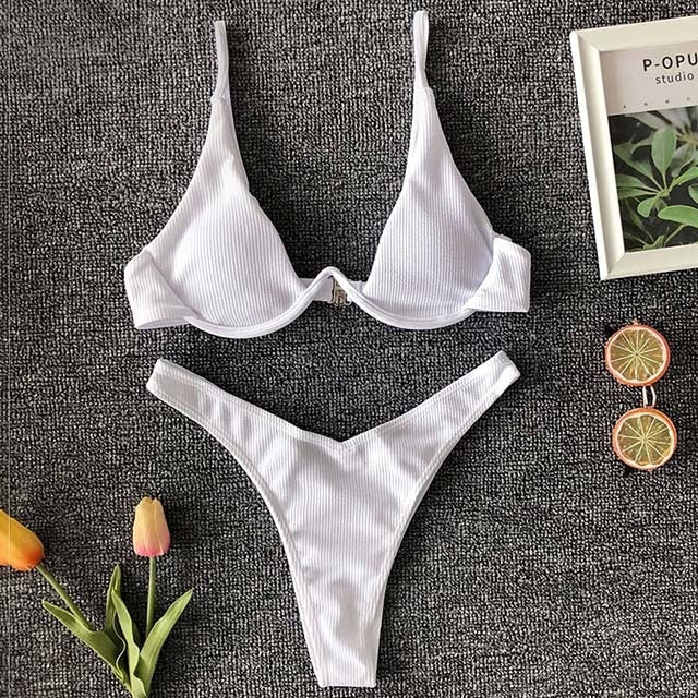 White Triangle Solid Bikini Set - LEPITON