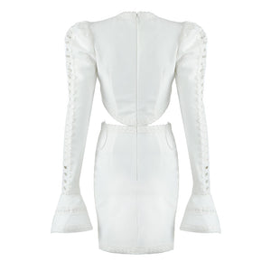 White Long Sleeve Bandage Cut-Out Dress - LEPITON