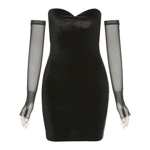 Black Strapless Slim Removable Mesh Sleeves Mini Dress - LEPITON