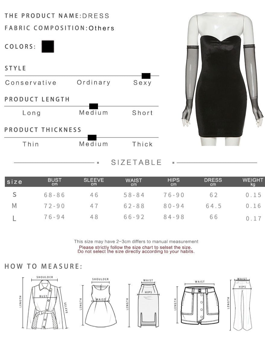 Black Strapless Slim Removable Mesh Sleeves Mini Dress - LEPITON