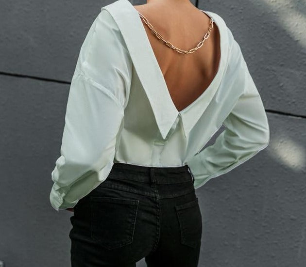 Long Sleeve V-Neck Backless Chain Blouse - LEPITON