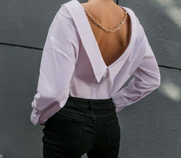 Long Sleeve V-Neck Backless Chain Blouse - LEPITON