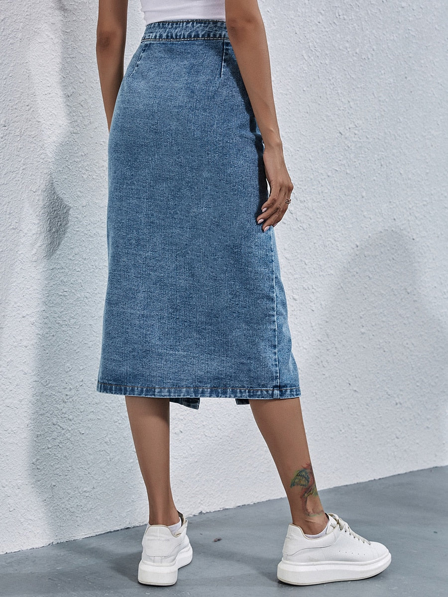 Single Breasted High-Waist Knee Length Denim Skirt - LEPITON