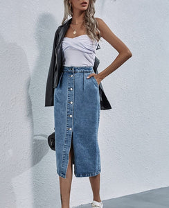 Single Breasted High-Waist Knee Length Denim Skirt - LEPITON