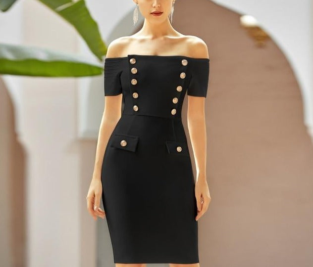 Stylish Off Shoulder Short Sleeve Buttons Bandage Dress - LEPITON