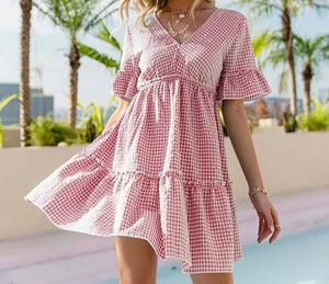 Elegant V-Neck Ruffle Sleeves High-Waist Plaid Dress - LEPITON